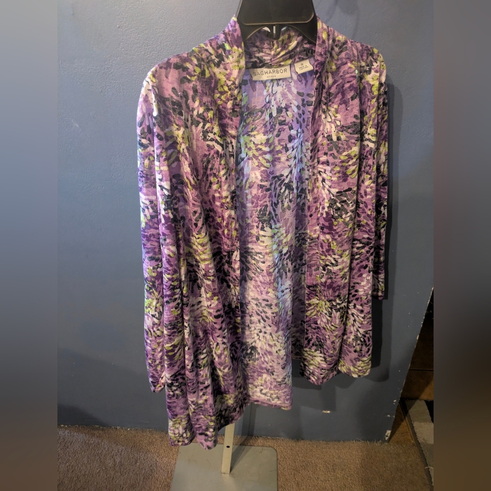 Sag Harbor 1X Women's Purple Color Splash Cardigan Cover-up Nwt